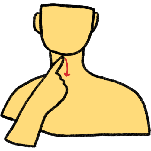 The upper portion of a nondescript yellow person, with the right hand pointing towards the throat. A red arrow traces down the length of the throat.